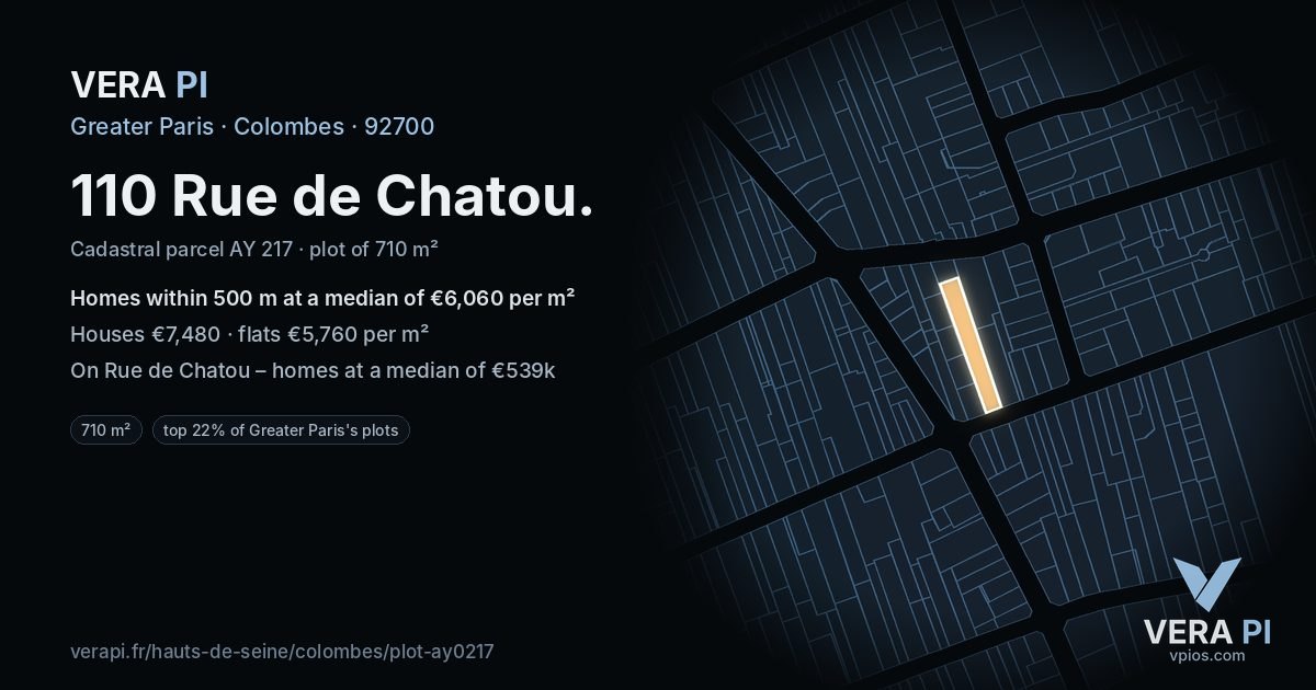 110 Rue de Chatou, Colombes at night – the plot lit, the parcels around coloured by the prices near them