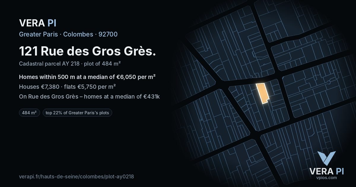 121 Rue des Gros Grès, Colombes at night – the plot lit, the parcels around coloured by the prices near them