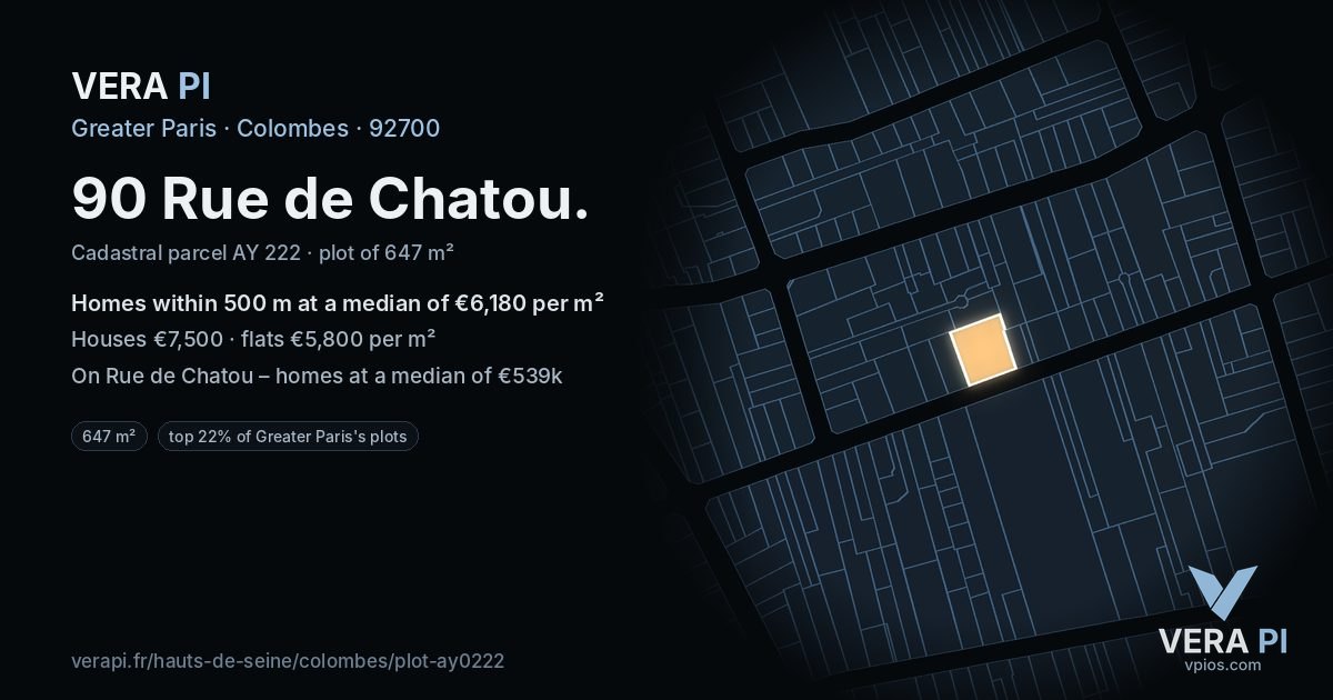 90 Rue de Chatou, Colombes at night – the plot lit, the parcels around coloured by the prices near them