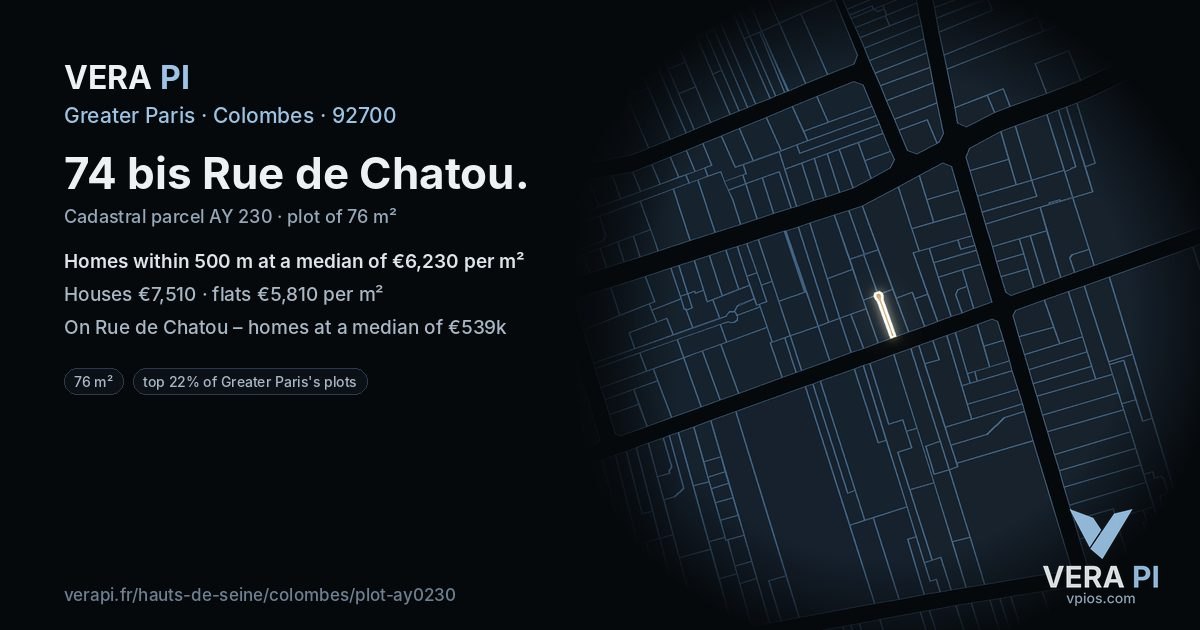 74 bis Rue de Chatou, Colombes at night – the plot lit, the parcels around coloured by the prices near them