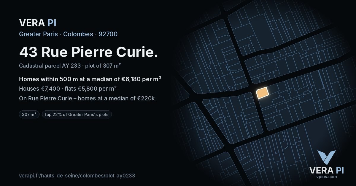 43 Rue Pierre Curie, Colombes at night – the plot lit, the parcels around coloured by the prices near them