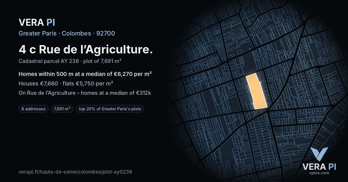 4 c Rue de l’Agriculture, Colombes at night – the plot lit, the parcels around coloured by the prices near them