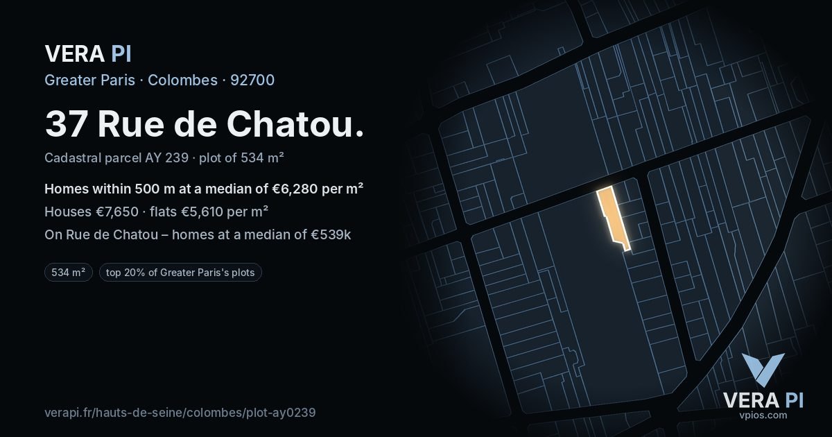 37 Rue de Chatou, Colombes at night – the plot lit, the parcels around coloured by the prices near them