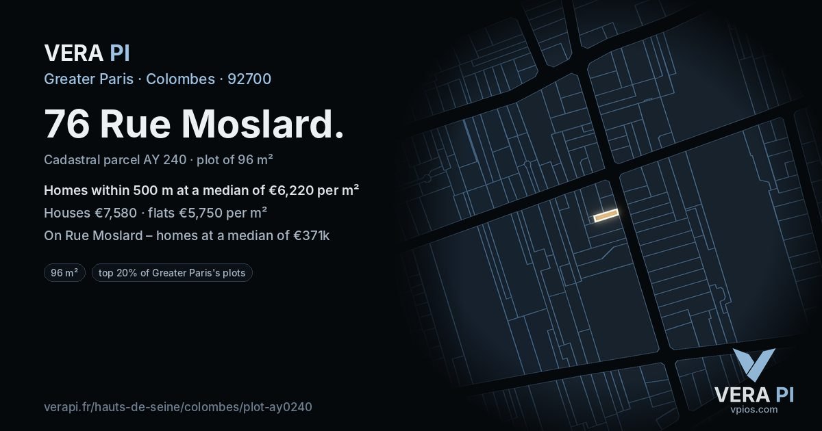 76 Rue Moslard, Colombes at night – the plot lit, the parcels around coloured by the prices near them
