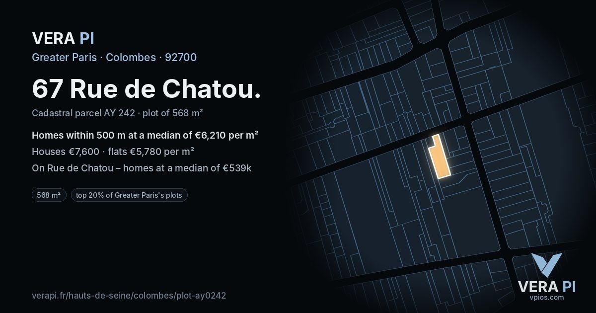67 Rue de Chatou, Colombes at night – the plot lit, the parcels around coloured by the prices near them