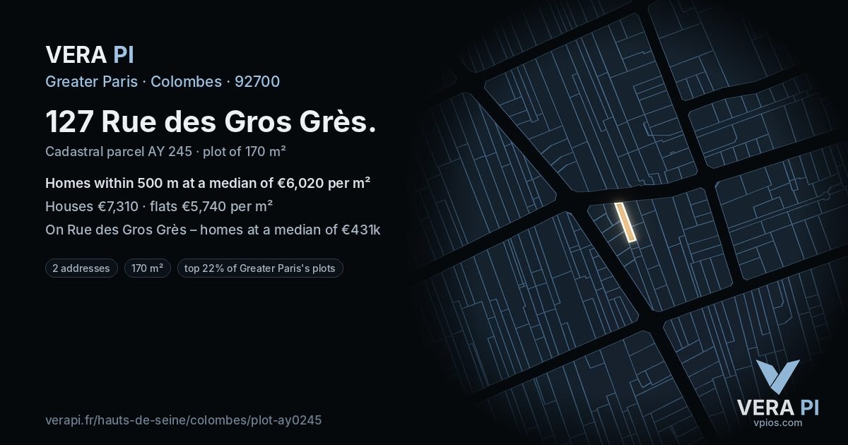 127 Rue des Gros Grès, Colombes at night – the plot lit, the parcels around coloured by the prices near them