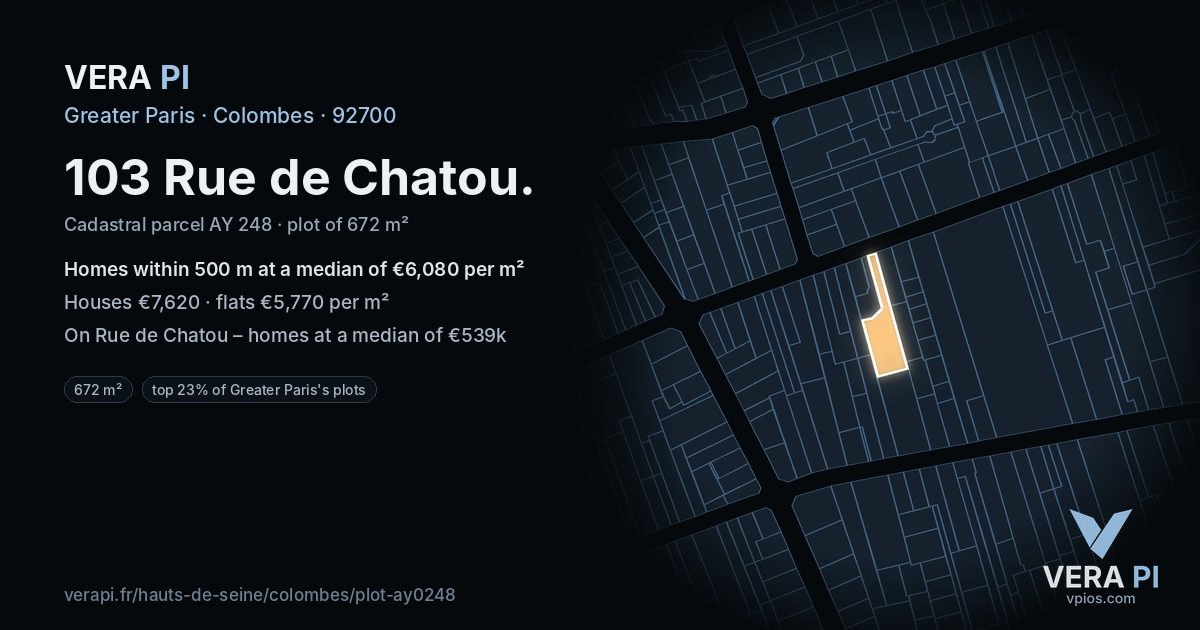 103 Rue de Chatou, Colombes at night – the plot lit, the parcels around coloured by the prices near them