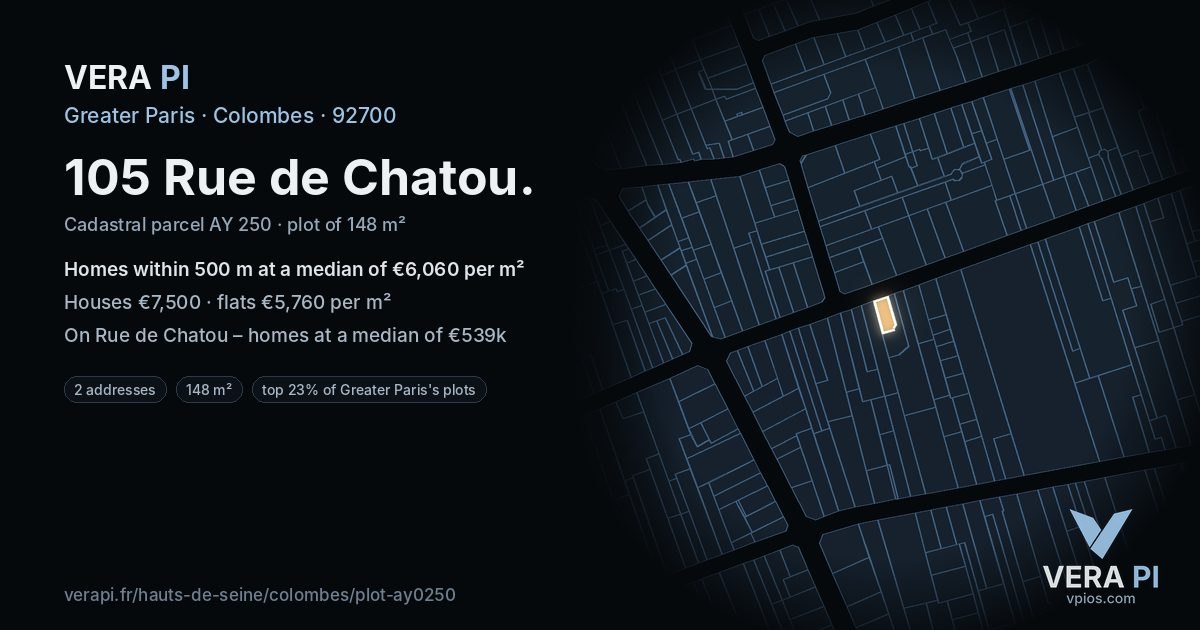 105 Rue de Chatou, Colombes at night – the plot lit, the parcels around coloured by the prices near them
