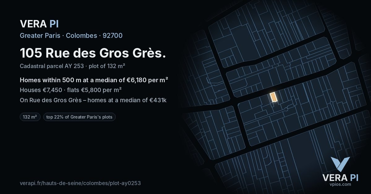 105 Rue des Gros Grès, Colombes at night – the plot lit, the parcels around coloured by the prices near them