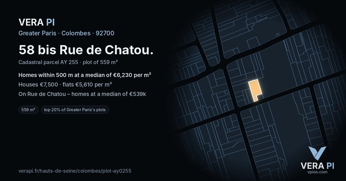 58 bis Rue de Chatou, Colombes at night – the plot lit, the parcels around coloured by the prices near them