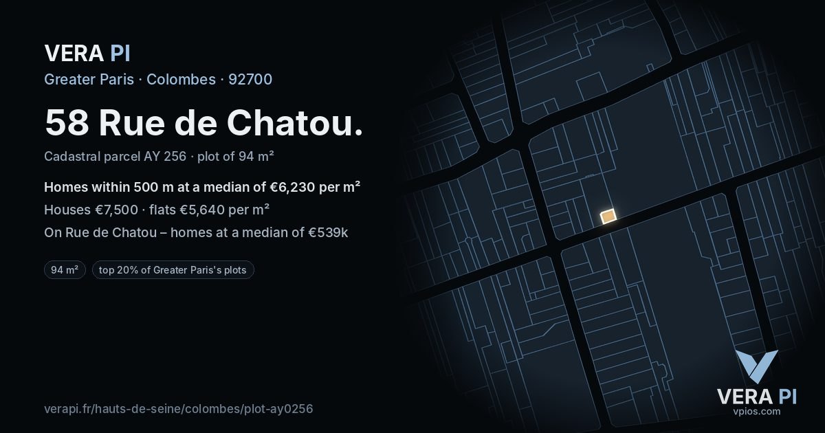 58 Rue de Chatou, Colombes at night – the plot lit, the parcels around coloured by the prices near them