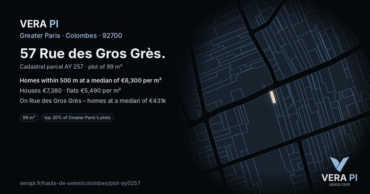 57 Rue des Gros Grès, Colombes at night – the plot lit, the parcels around coloured by the prices near them