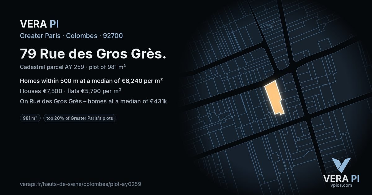 79 Rue des Gros Grès, Colombes at night – the plot lit, the parcels around coloured by the prices near them