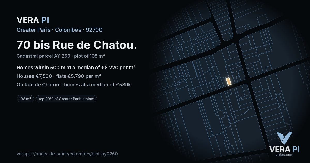 70 bis Rue de Chatou, Colombes at night – the plot lit, the parcels around coloured by the prices near them