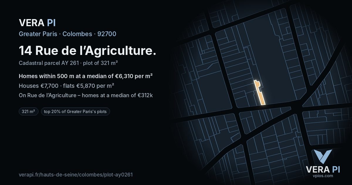 14 Rue de l’Agriculture, Colombes at night – the plot lit, the parcels around coloured by the prices near them
