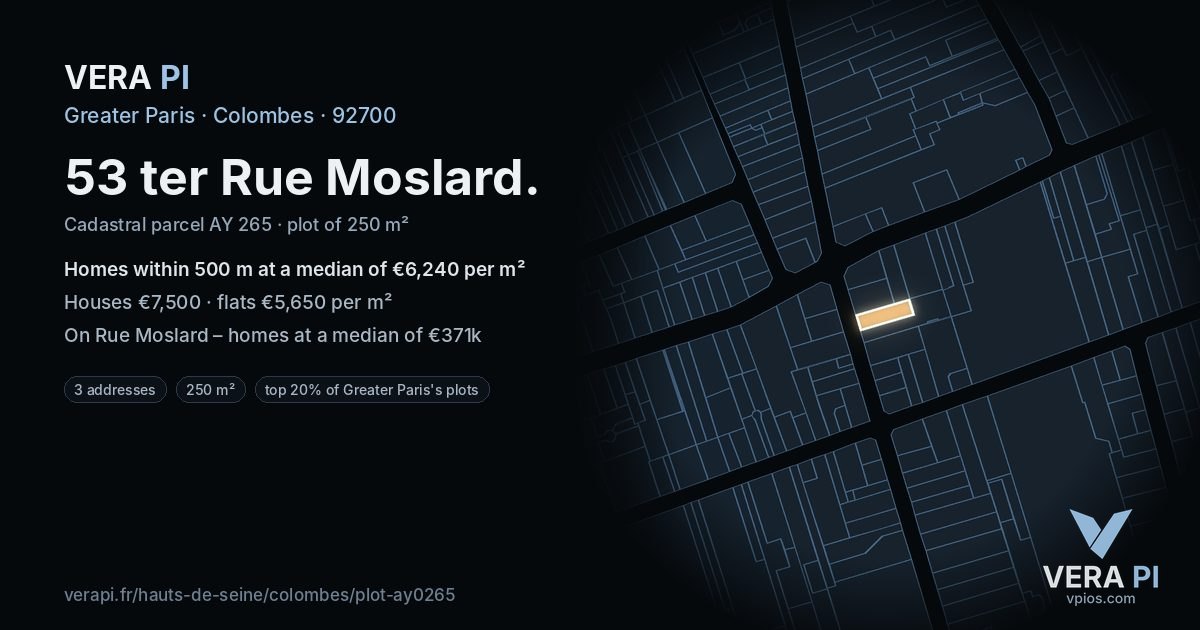 53 ter Rue Moslard, Colombes at night – the plot lit, the parcels around coloured by the prices near them