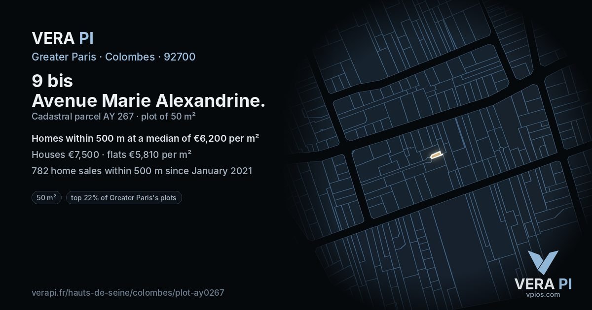 9 bis Avenue Marie Alexandrine, Colombes at night – the plot lit, the parcels around coloured by the prices near them
