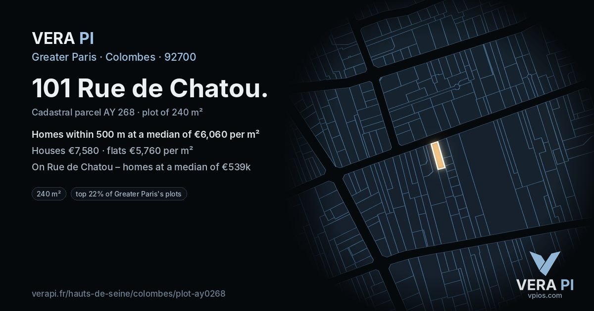 101 Rue de Chatou, Colombes at night – the plot lit, the parcels around coloured by the prices near them