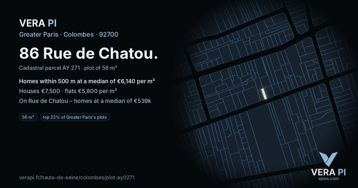 86 Rue de Chatou, Colombes at night – the plot lit, the parcels around coloured by the prices near them