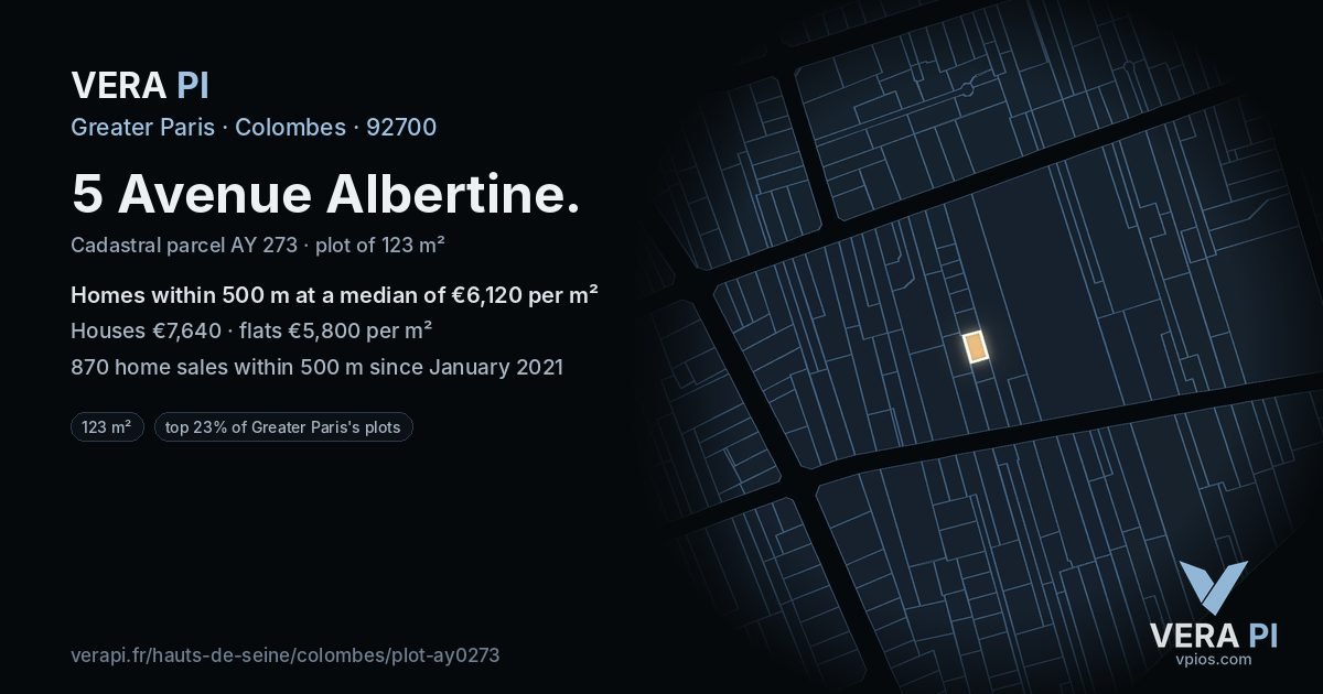 5 Avenue Albertine, Colombes at night – the plot lit, the parcels around coloured by the prices near them