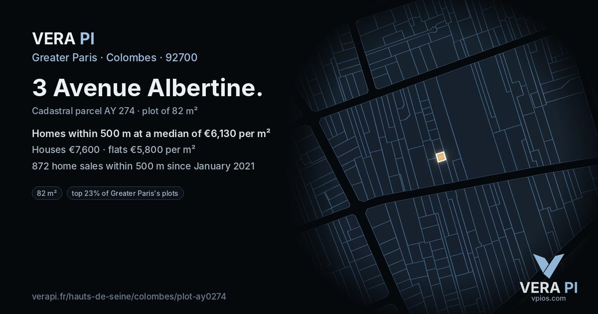 3 Avenue Albertine, Colombes at night – the plot lit, the parcels around coloured by the prices near them