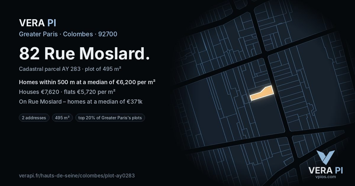 82 Rue Moslard, Colombes at night – the plot lit, the parcels around coloured by the prices near them