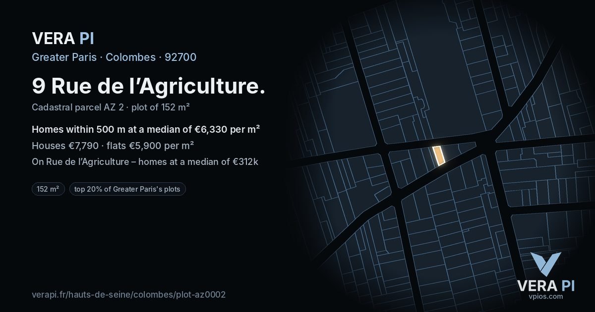 9 Rue de l’Agriculture, Colombes at night – the plot lit, the parcels around coloured by the prices near them
