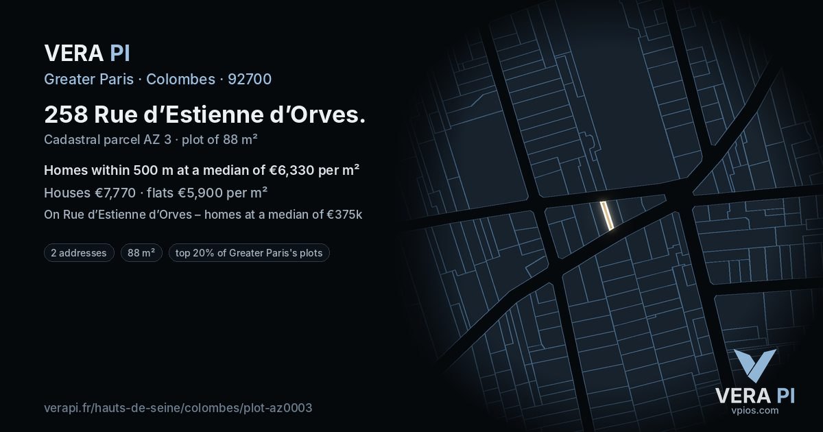 258 Rue d’Estienne d’Orves, Colombes at night – the plot lit, the parcels around coloured by the prices near them
