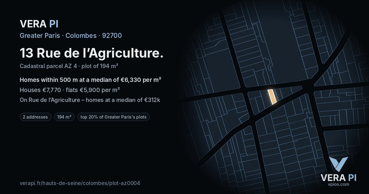 13 Rue de l’Agriculture, Colombes at night – the plot lit, the parcels around coloured by the prices near them