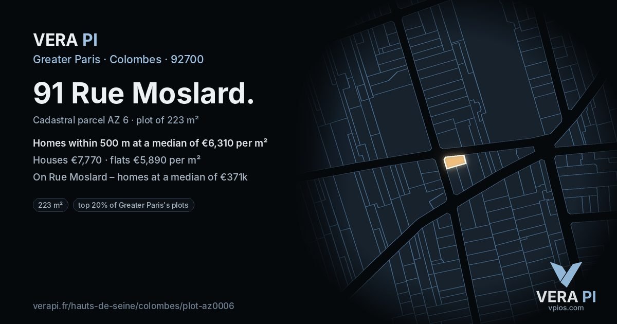 91 Rue Moslard, Colombes at night – the plot lit, the parcels around coloured by the prices near them