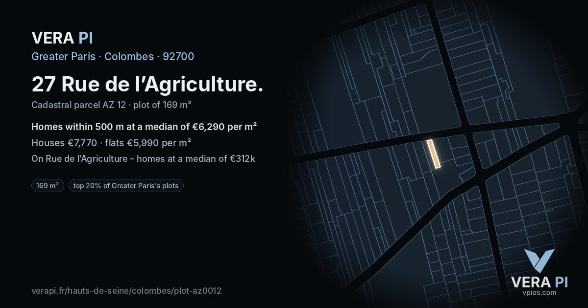 27 Rue de l’Agriculture, Colombes at night – the plot lit, the parcels around coloured by the prices near them