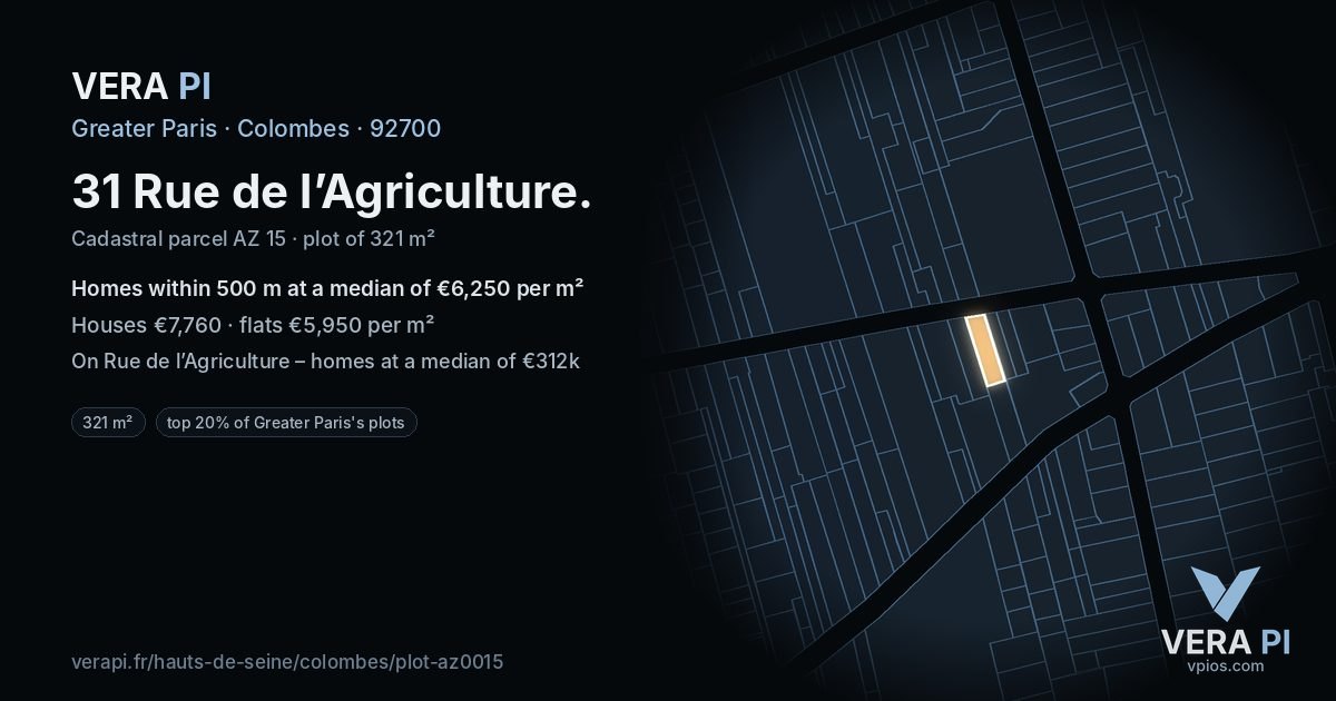 31 Rue de l’Agriculture, Colombes at night – the plot lit, the parcels around coloured by the prices near them