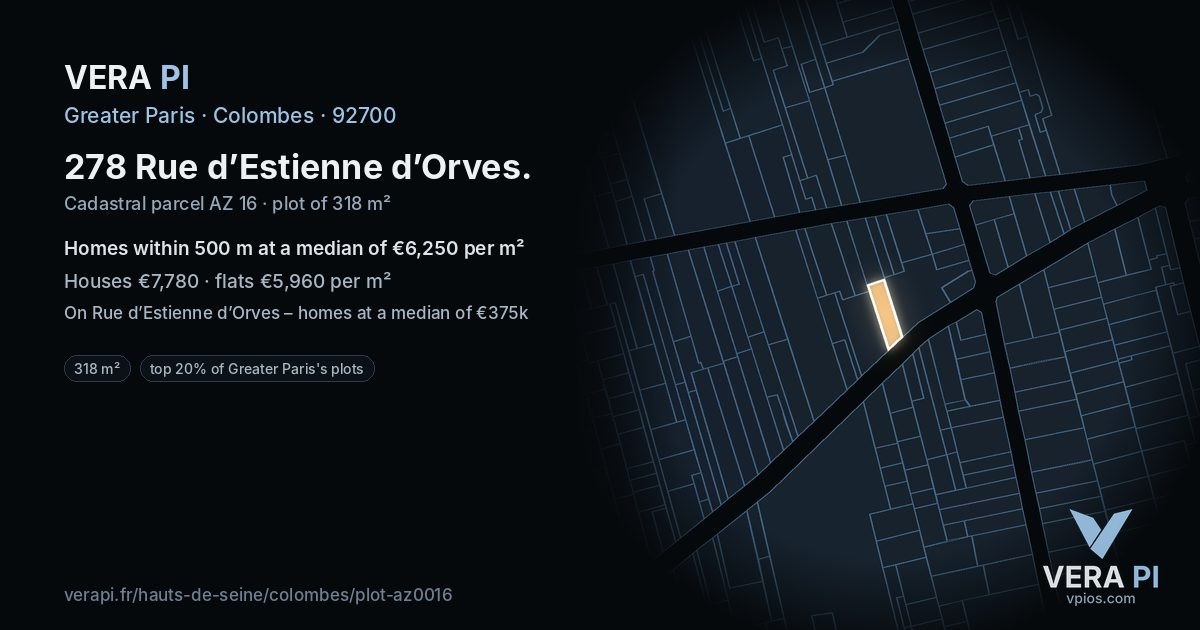 278 Rue d’Estienne d’Orves, Colombes at night – the plot lit, the parcels around coloured by the prices near them