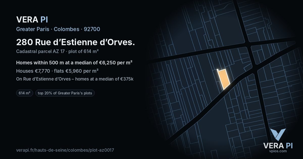 280 Rue d’Estienne d’Orves, Colombes at night – the plot lit, the parcels around coloured by the prices near them