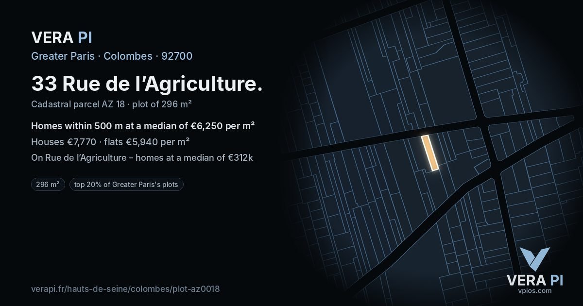 33 Rue de l’Agriculture, Colombes at night – the plot lit, the parcels around coloured by the prices near them