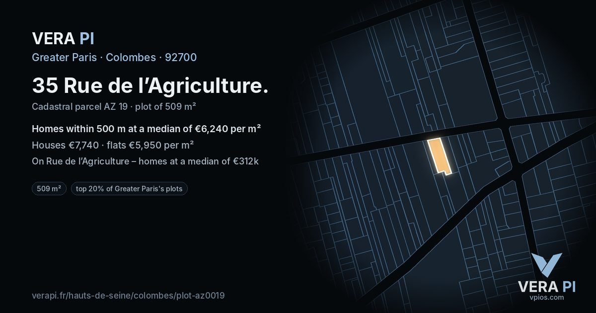 35 Rue de l’Agriculture, Colombes at night – the plot lit, the parcels around coloured by the prices near them