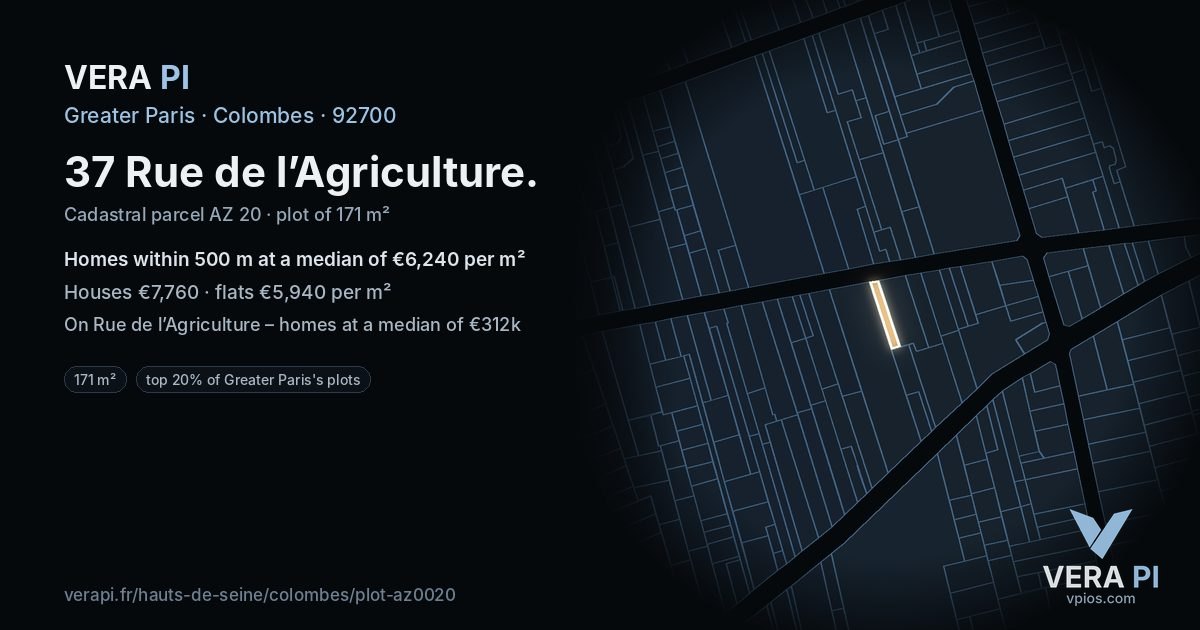 37 Rue de l’Agriculture, Colombes at night – the plot lit, the parcels around coloured by the prices near them
