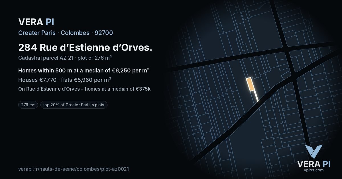 284 Rue d’Estienne d’Orves, Colombes at night – the plot lit, the parcels around coloured by the prices near them