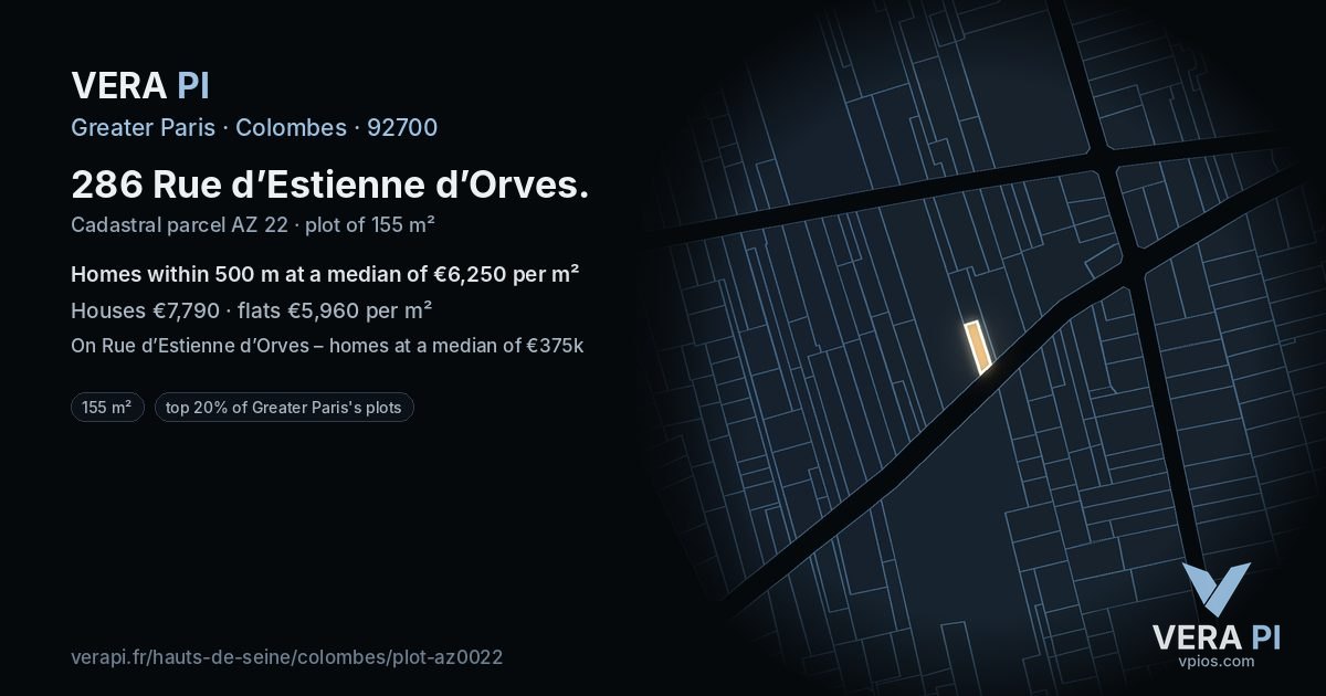 286 Rue d’Estienne d’Orves, Colombes at night – the plot lit, the parcels around coloured by the prices near them