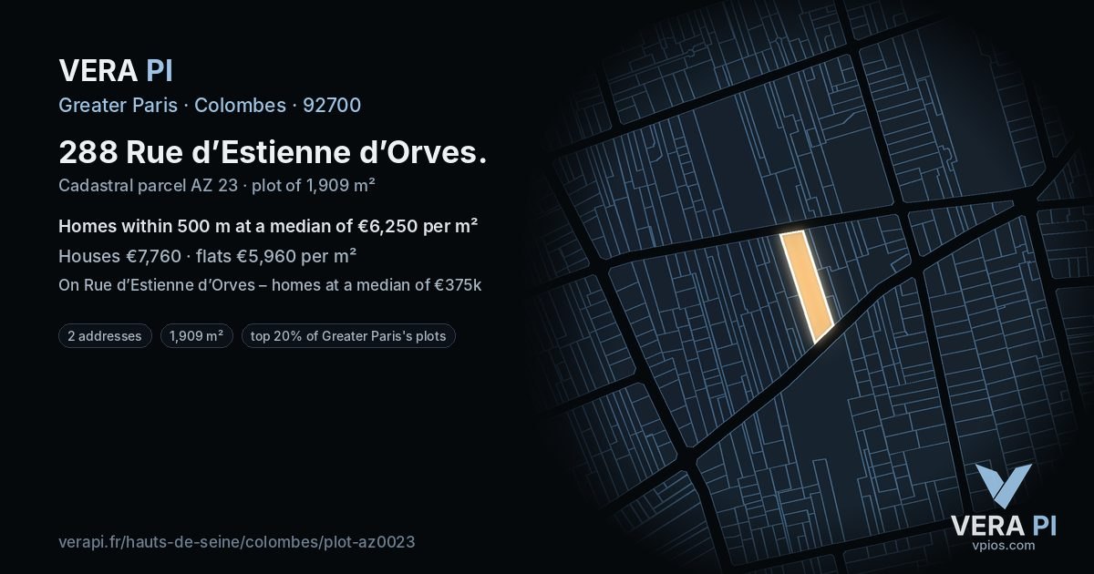 288 Rue d’Estienne d’Orves, Colombes at night – the plot lit, the parcels around coloured by the prices near them