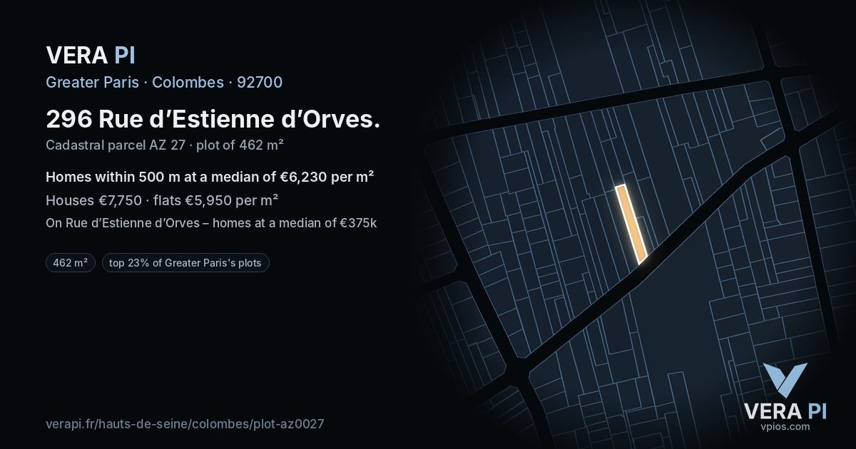 296 Rue d’Estienne d’Orves, Colombes at night – the plot lit, the parcels around coloured by the prices near them