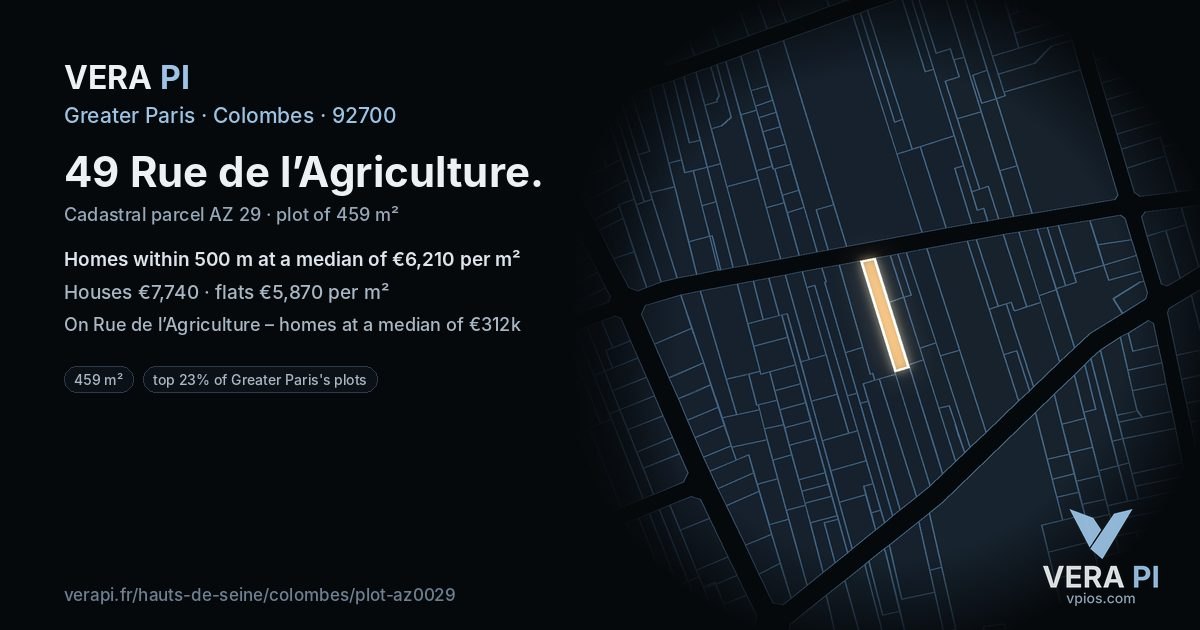 49 Rue de l’Agriculture, Colombes at night – the plot lit, the parcels around coloured by the prices near them
