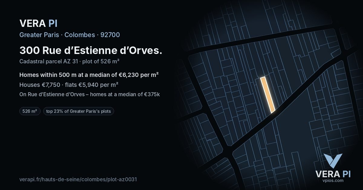 300 Rue d’Estienne d’Orves, Colombes at night – the plot lit, the parcels around coloured by the prices near them