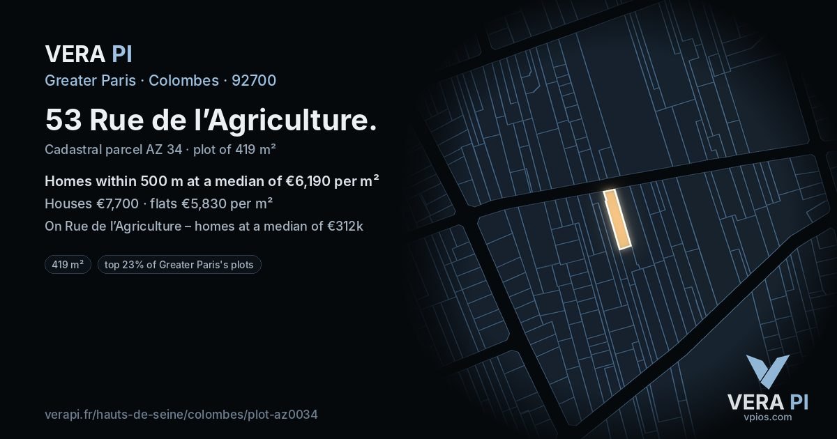 53 Rue de l’Agriculture, Colombes at night – the plot lit, the parcels around coloured by the prices near them