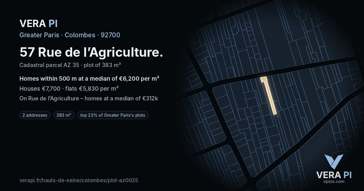 57 Rue de l’Agriculture, Colombes at night – the plot lit, the parcels around coloured by the prices near them