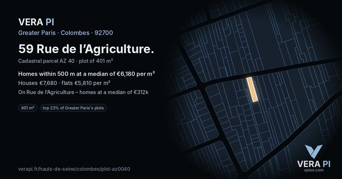 59 Rue de l’Agriculture, Colombes at night – the plot lit, the parcels around coloured by the prices near them