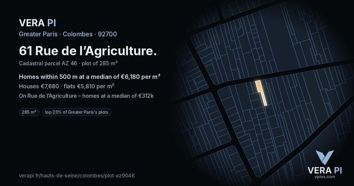 61 Rue de l’Agriculture, Colombes at night – the plot lit, the parcels around coloured by the prices near them