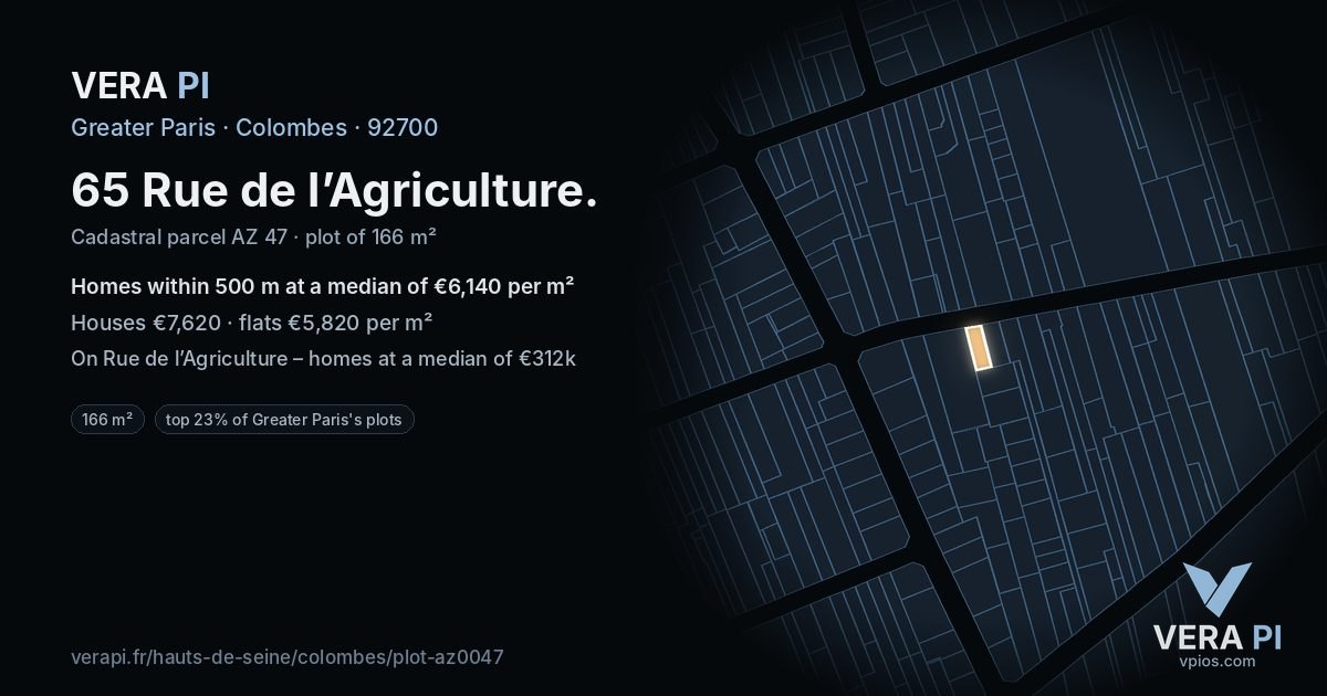 65 Rue de l’Agriculture, Colombes at night – the plot lit, the parcels around coloured by the prices near them