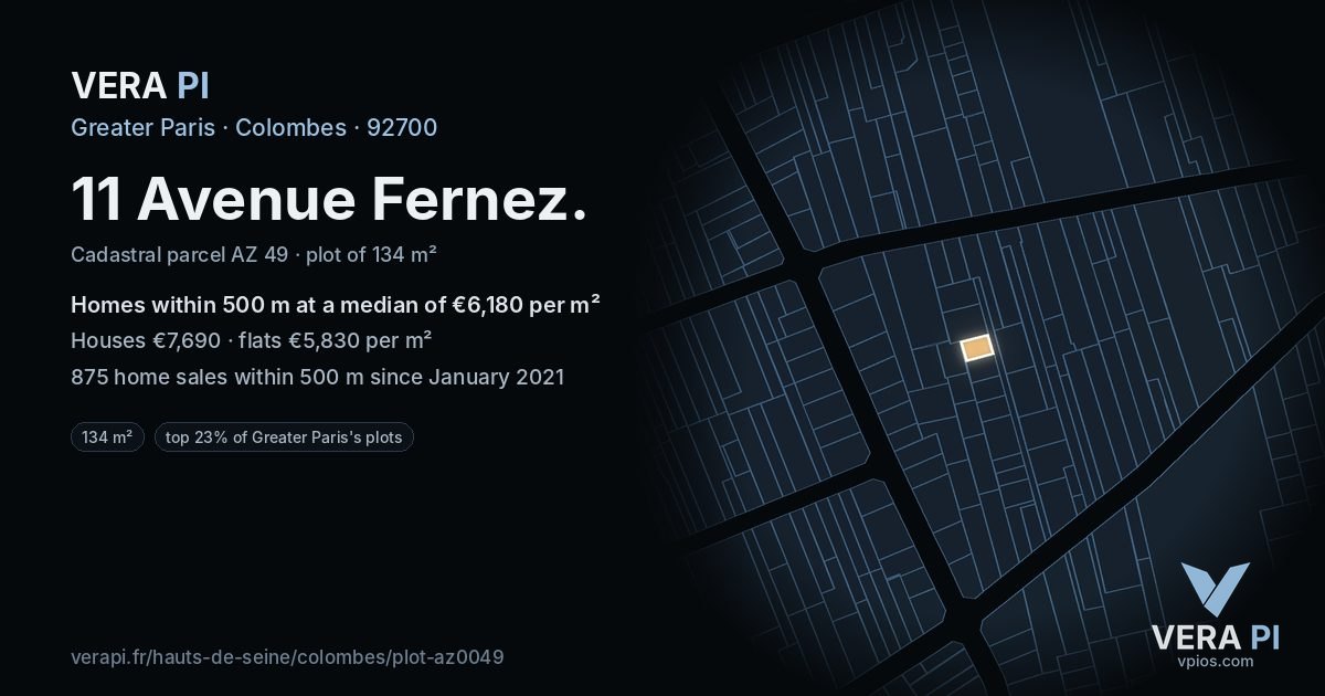 11 Avenue Fernez, Colombes at night – the plot lit, the parcels around coloured by the prices near them