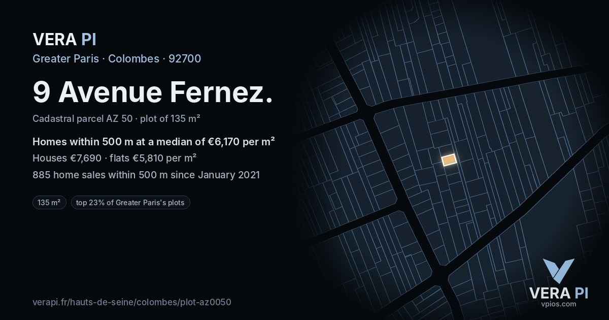 9 Avenue Fernez, Colombes at night – the plot lit, the parcels around coloured by the prices near them